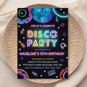Disco Party Birthday Invitation, Editable Glow Party, Disco Gender Neutral Invites, Dance Party Template, Neon Party Invites 1179