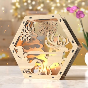 Hexagon Laser Cut Christmas Lantern, Snowy Scene Candle Holder, Winter Wonderland Night Light Decoration, Digital Download, Digital Download