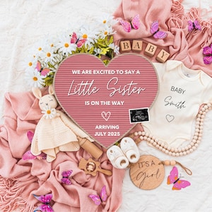 Girl Pregnancy Announcement Digital Baby Announcement Girl Gender Reveal Social Media Reveal Editable Template Its a Girl Little Sister image 1