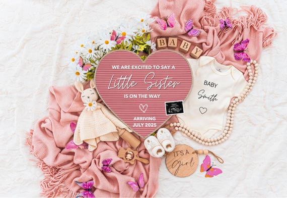 Girl Pregnancy Announcement Digital Baby Announcement Girl Gender Reveal Social Media Reveal Editable Template Its a Girl Little Sister