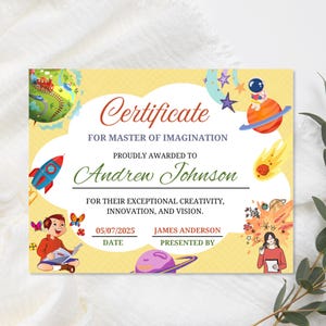 Certificato di Maestro dell'Immaginazione - Modello di premio stampabile - Certificato di successo divertente per bambini - Design personalizzabile