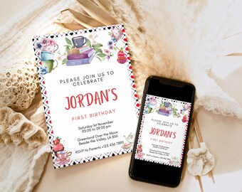 May include: A printable invitation for a first birthday party with a whimsical Alice in Wonderland theme. The invitation features a watercolor illustration of teacups, books, and flowers. The text on the invitation reads "Please join us to celebrate Jordan's First Birthday".