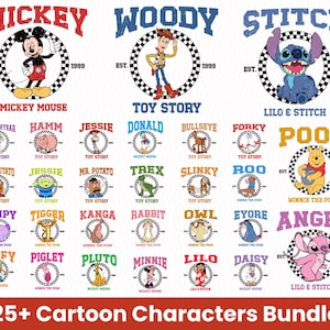 Puede incluir: Un conjunto de más de 25 diseños de personajes de dibujos animados, incluyendo Mickey Mouse, Woody y Stitch. Cada diseño presenta el nombre del personaje, un borde a cuadros y el año 1999. Los diseños son de varios colores y estilos.
