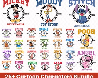 25+ Disey Cartoon Checkered Png Bundle,  Mikey and minie mouse, Yellow honey bear, Blue Alien Stich, Story toy,  checkered Png, family trip