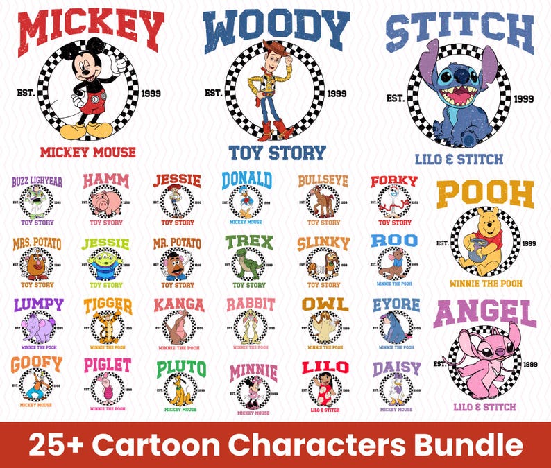 Puede incluir: Un conjunto de m&aacute;s de 25 dise&ntilde;os de personajes de dibujos animados, incluyendo Mickey Mouse, Woody y Stitch. Cada dise&ntilde;o presenta el nombre del personaje, un borde a cuadros y el a&ntilde;o 1999. Los dise&ntilde;os son de varios colores y estilos.