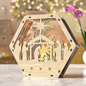 Hexagon Laser Cut Christmas Lantern, Snowy Scene Candle Holder, Winter Wonderland Night Light Decoration, Digital Download, Digital Download