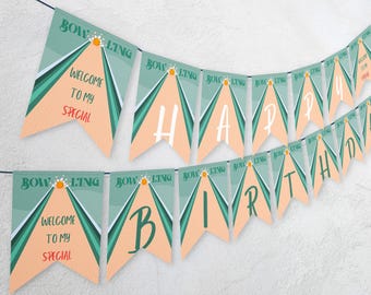 Editable Bowling Birthday Banner, Bowling Party Celebration banner Decoration 1245