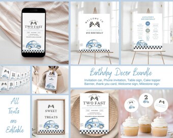 May include: A birthday party decor bundle with a racing car theme. The bundle includes a phone invitation, table sign, cake topper, banner, thank you card, welcome sign, and milestone sign. The designs feature a blue car with a white number 2 on it, checkered flags, and the text "Two Fast".