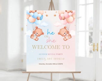 Editable Teddy Bear Gender Reveal Welcome Sign, We Can Bearly Wait Boy Bear Welcome Sign, Printable Baby Shower Sign 1175