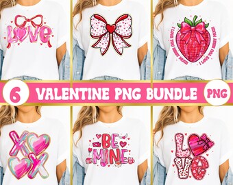 Könnte beinhalten: Sechs weiße T-Shirts mit Valentinstagsdesigns. Die Designs umfassen das Wort "LOVE" mit einer Schleife, eine Schleife mit Herzmustern, eine Erdbeere mit einer Schleife, "XOXO"-Herzen, den Text "BE MINE" und "LOVE" mit einem Herzen und einer Schleife.