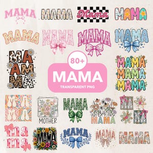 Könnte beinhalten: Eine Sammlung von über 80 "MAMA"-Designs in verschiedenen Stilen und Farben. Die Designs umfassen florale, gemusterte und Bogen-Akzente. Das Bild enthält auch den Text "TRANSPARENT PNG".