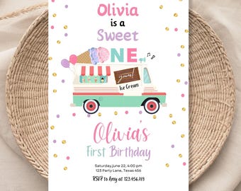 May include: A birthday invitation with the text "Olivia is a Sweet ONE" and "Olivia's First Birthday." The design features an ice cream truck illustration, balloons, and confetti. The invitation includes the date, time, location, and RSVP information.