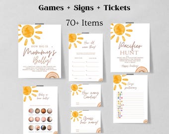 Editable Sun Baby Shower Games Bundle, Here comes the sun baby shower games template, Boho Sunshine Baby Shower Games 1208