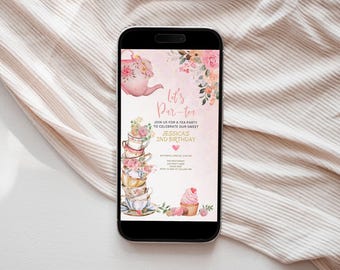 Editable Tea Party Birthday Invitation Girl Par-Tea Invite Floral Pink Gold Whimsical Tea Download Printable Template 056