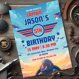 Editable Fighter Pilot Birthday Invitation Template – Jet Pilot Theme Celebration, Top Pilot Party Design, Fighter Jet Birthday S0013