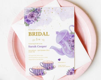 Lavender Bridal Shower Tea Party Invitation Love is Brewing Bridal Brunch Invite Purple Gold Floral Floral Printable Editable 1157