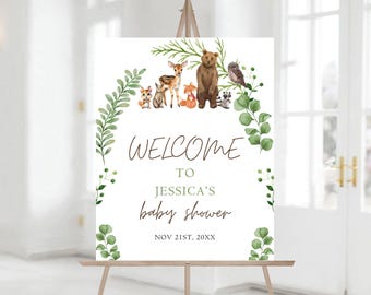 Redigerbar välkomstskylt för babyshower med skogsdjur, välkomstskylt för babyshower med skogsdjur, utskrivbar babyshowerskylt 1215