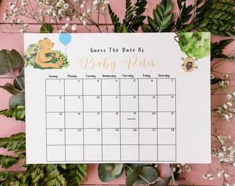 Editable Winnie the Pooh Baby Shower Due Date Calendar, Guess Baby's Birth Date, Guess Baby Birthday Calendar, Winnie The Pooh 1137
