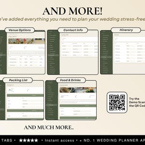 May include: A digital wedding planner interface featuring five distinct sections labelled Venue Options, Contact Info, Itinerary, Packing List, and Food & Drinks. The layout includes a sidebar with 24 tabs, a QR code for a demo, and the text AND MORE!.