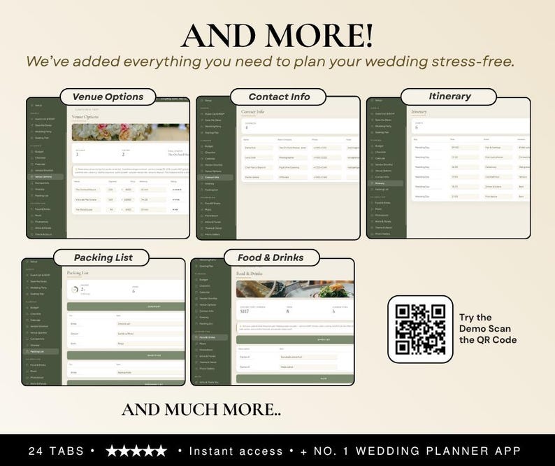 May include: A digital wedding planner interface featuring five distinct sections labelled Venue Options, Contact Info, Itinerary, Packing List, and Food & Drinks. The layout includes a sidebar with 24 tabs, a QR code for a demo, and the text AND MORE!.