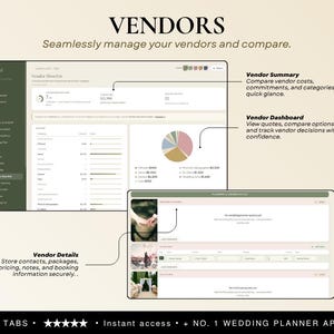 May include: A digital interface for a wedding planning application titled VENDORS. The screen displays a vendor shortlist, a summary dashboard with a pie chart, and detailed vendor contact information with tabs for planning and coordination.