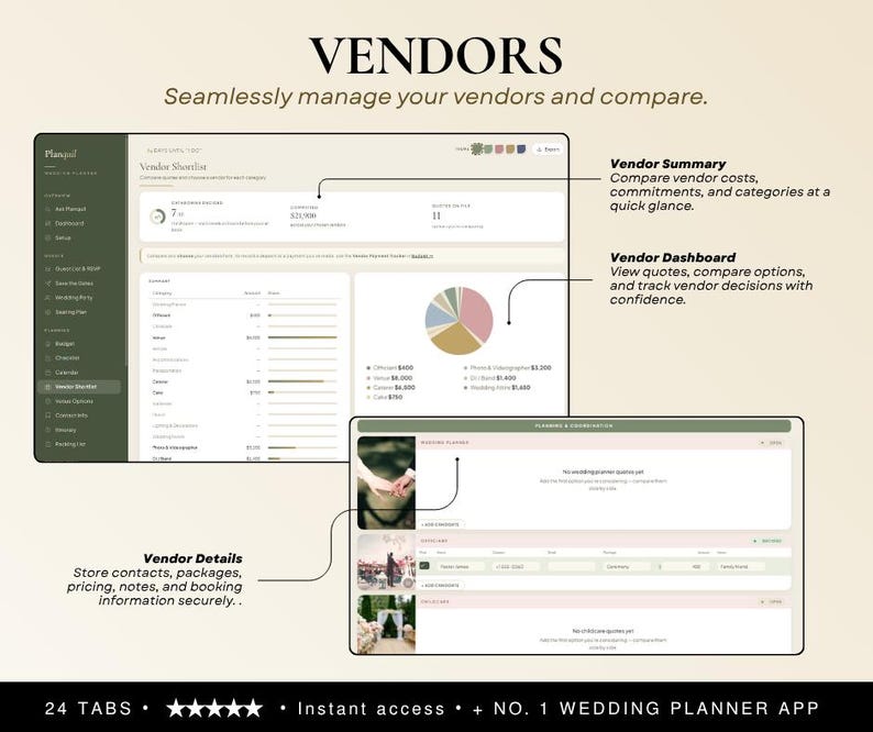 May include: A digital interface for a wedding planning application titled VENDORS. The screen displays a vendor shortlist, a summary dashboard with a pie chart, and detailed vendor contact information with tabs for planning and coordination.