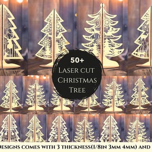 Könnte beinhalten: Eine Sammlung von über 50 lasergeschnittenen Weihnachtsbaum-Designs. Die Bäume sind aus Holz und in drei Größen und drei Stärken erhältlich: 1/8 Zoll, 3 mm und 4 mm.