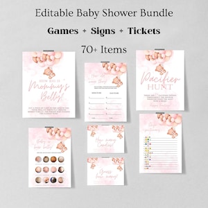 Peut inclure: Cartes de jeu de baby shower imprimables avec des arrière-plans rose et blanc mettant en scène un ours en dessin animé. Les cartes comprennent des jeux comme "Quelle est la taille du ventre de maman ?", "Quel âge avaient-ils ?", "Chasse aux sucettes", "Bébé ou bedaine de bière ?", "Combien de bonbons ?", et "Devinez combien ?"
