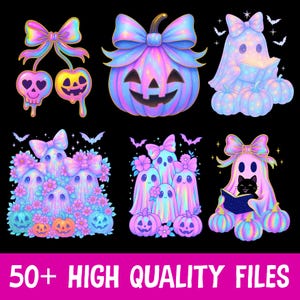 K&ouml;nnte beinhalten: Eine Sammlung farbenfroher digitaler Illustrationen zum Thema Halloween. Die Designs umfassen einen K&uuml;rbis, Geister und Kirschen, alle mit Schleifen und Pastellfarben verziert. Der Text "50+ HIGH QUALITY FILES" befindet sich unten.