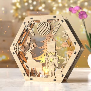 Hexagon Laser Cut Christmas Lantern, Snowy Scene Candle Holder, Winter Wonderland Night Light Decoration, Digital Download, Digital Download