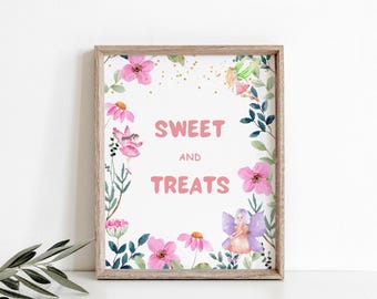 Editable Fairy First Birthday Table sign Printable Fairy Garden Birthday Fairy Forest Girl, Sweet and Treats sign, Birthday sign 1193