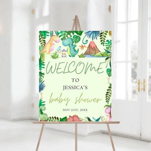 Editable Dinosaur Baby Shower Welcome Sign, Greenery Dino Baby Shower Welcome Sign, Printable Baby Shower 1230