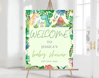 Editable Dinosaur Baby Shower Welcome Sign, Greenery Dino Baby Shower Welcome Sign, Printable Baby Shower 1230