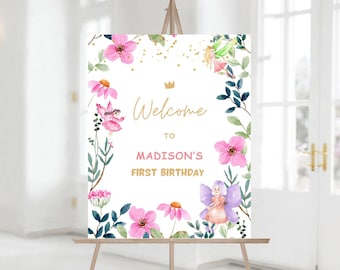 Bearbeitbares Fee-erstes Geburtstagsparty-Willkommensschild, druckbares Fairy Garden Geburtstags-Fee-Waldmädchen, Dekorschild-Vorlage 1193