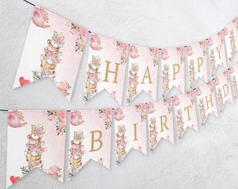 Tea Happy Birthday Banner Par-Tea Bunting Floral Tea Garden Party Girl Pink Tea for Two Tea Party Decor Mint Garland PRINTABLE Digital 056