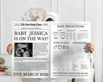 Op de afbeelding: Een zwart-witte krantenstijl aankondiging voor een babyshower. De kop luidt "Baby Jessica is on the way!" met een uitgerekende datum in maart 2024. De aankondiging bevat een echografiebeeld, een woordzoeker en een kruiswoordpuzzel.