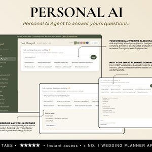 May include: A digital interface for a wedding planning application titled Personal AI. The screen displays a dashboard with a sidebar, a search bar labelled Ask Planquil, and various text prompts regarding guest lists, budgets, and vendor timelines.