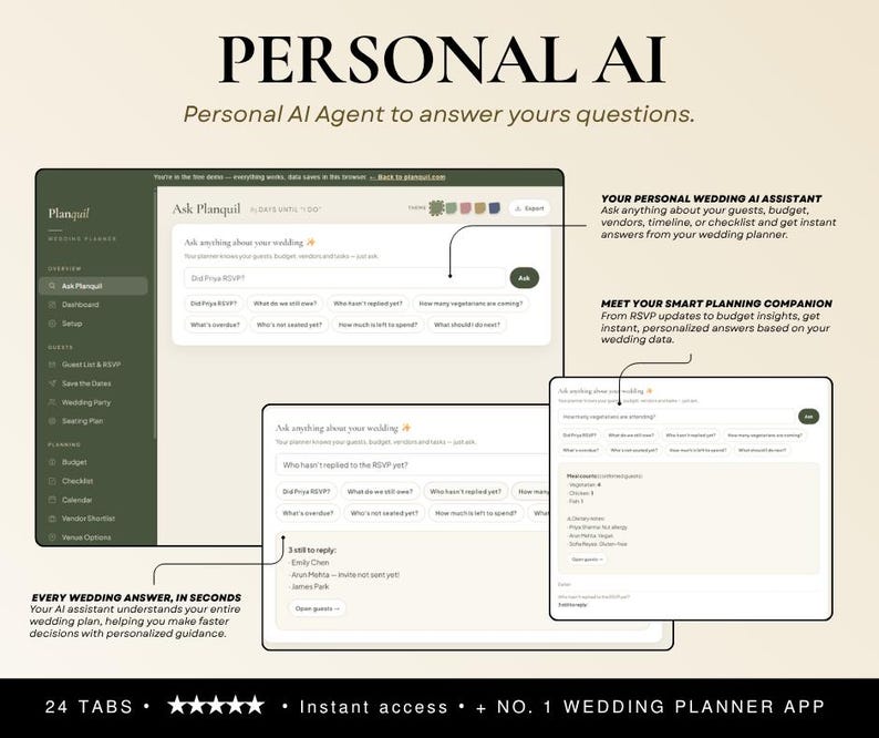 May include: A digital interface for a wedding planning application titled Personal AI. The screen displays a dashboard with a sidebar, a search bar labelled Ask Planquil, and various text prompts regarding guest lists, budgets, and vendor timelines.