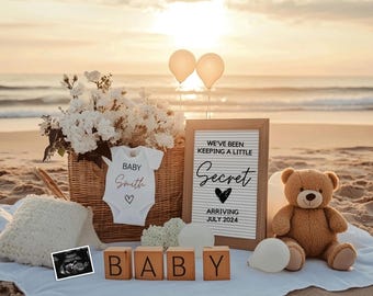Révélation de grossesse sur le thème de la plage, modèle numérique et modifiable, faire-part de naissance nautique, téléchargement immédiat, message doux bébé
