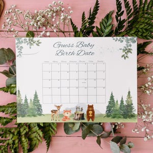 Calendrier de date d'échéance Woodland Baby Shower, devinez la Date de naissance, calendrier à thème Woodland Téléchargement instantané 076