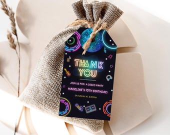 May include: A neon-colored thank you tag with a disco ball, music notes, and a microphone. The text reads "Thank You" in neon letters. The tag is attached to a small burlap bag.
