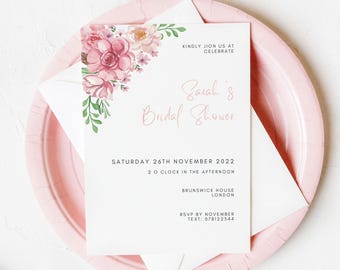 May include: A pink floral bridal shower invitation with the text "Kindly join us at Celebrate Sarah's Bridal Shower" and details for the event, including the date, time, location, and RSVP information.
