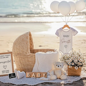 Editable Beach-Themed Pregnancy Announcement | Nautical Baby Reveal Template | Instant Download | Coastal Secret Surprise