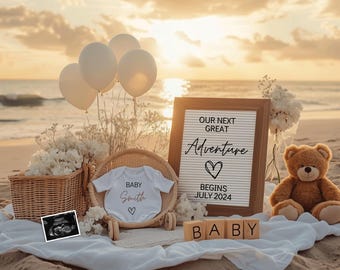 Faire-part de grossesse plage, modèle numérique et modifiable, faire-part de bébé nautique, téléchargement immédiat, message doux bébé