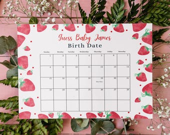 Editable Strawberry Baby Shower Due Date Calendar, Guess Birth Date, Guess Baby Birthday Calendar, Red Strawberry Baby Shower 1160