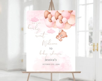 Editable Teddy Bear Baby Shower Welcome Sign, pink balloon Baby Shower Welcome Sign, Printable Baby Shower Sign,pink teddy bear welcome 051