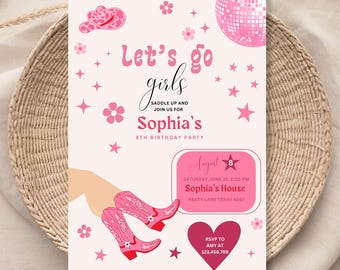 Plantilla de invitación para fiesta de cumpleaños de vaquera rosa, fiesta de vaquera con estilo disco rosa, cumpleaños de rodeo, fiesta de cumpleaños de niña, vamos chicas 1145