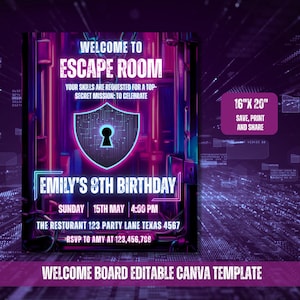 Escape Room Birthday Welcome sign Template, Mystery Party Design, Gender-Neutral Theme for Preteens and Teens, Digital Escape Room S0015