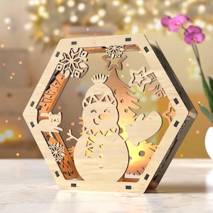 Hexagon Laser Cut Christmas Lantern, Snowy Scene Candle Holder, Winter Wonderland Night Light Decoration, Digital Download, Digital Download