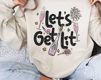 Let Get Lit Glitter Sequins PNG Holidays, Happy New Year 2024 PNG, Disco New Year Sublimation Design Download, Boujee Bougie Holiday Retro